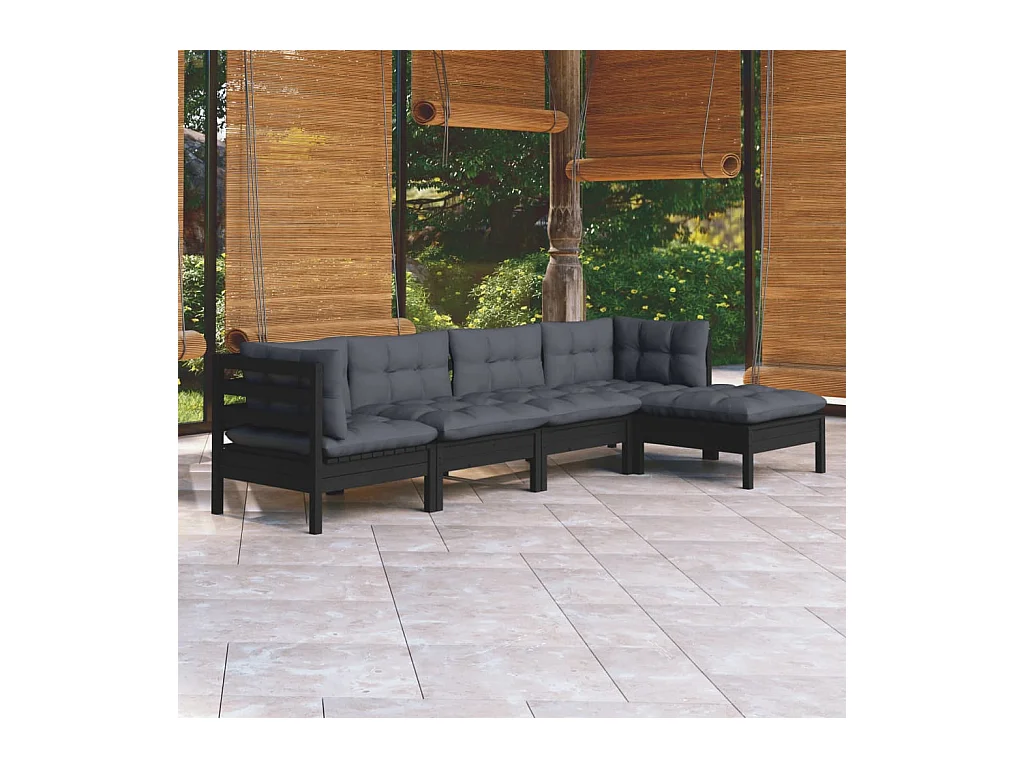 Salon de jardin 5 pcs avec coussins Noir Bois de pin