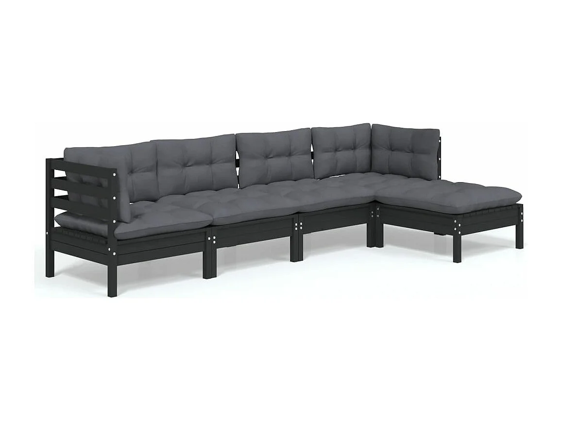 Salon de jardin 5 pcs avec coussins Noir Bois de pin