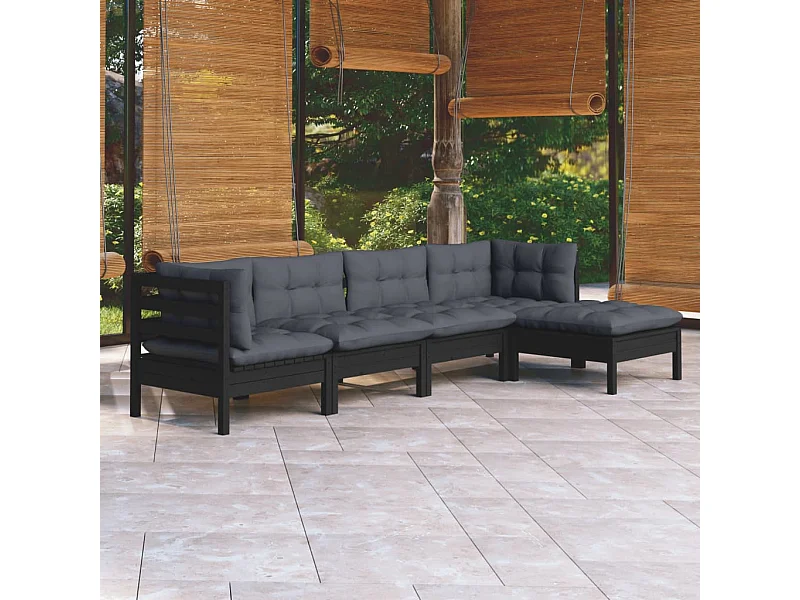 Salon de jardin 5 pcs avec coussins Noir Bois de pin