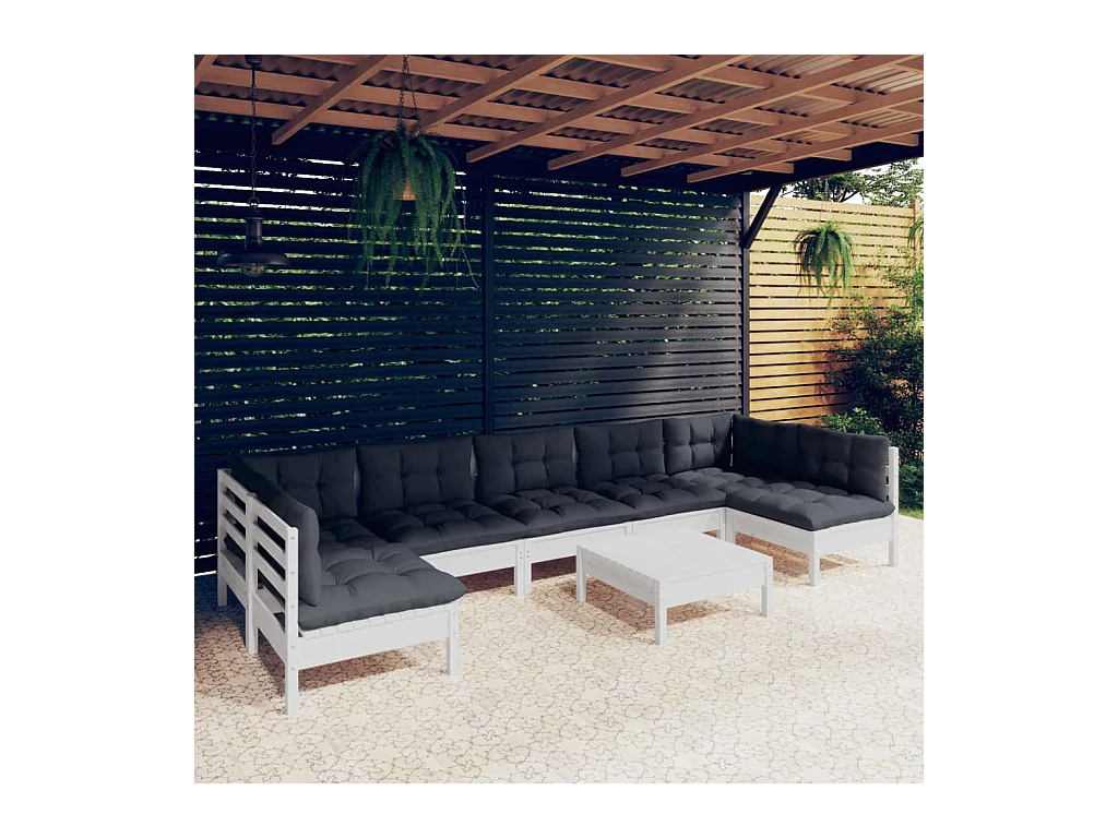 Set Divani da Giardino 8 pz con Cuscini Bianchi Legno di Pino