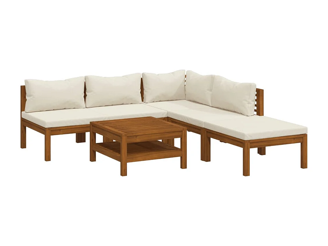 6 pcs conjunto lounge jardim c/ almofadões creme acácia maciça