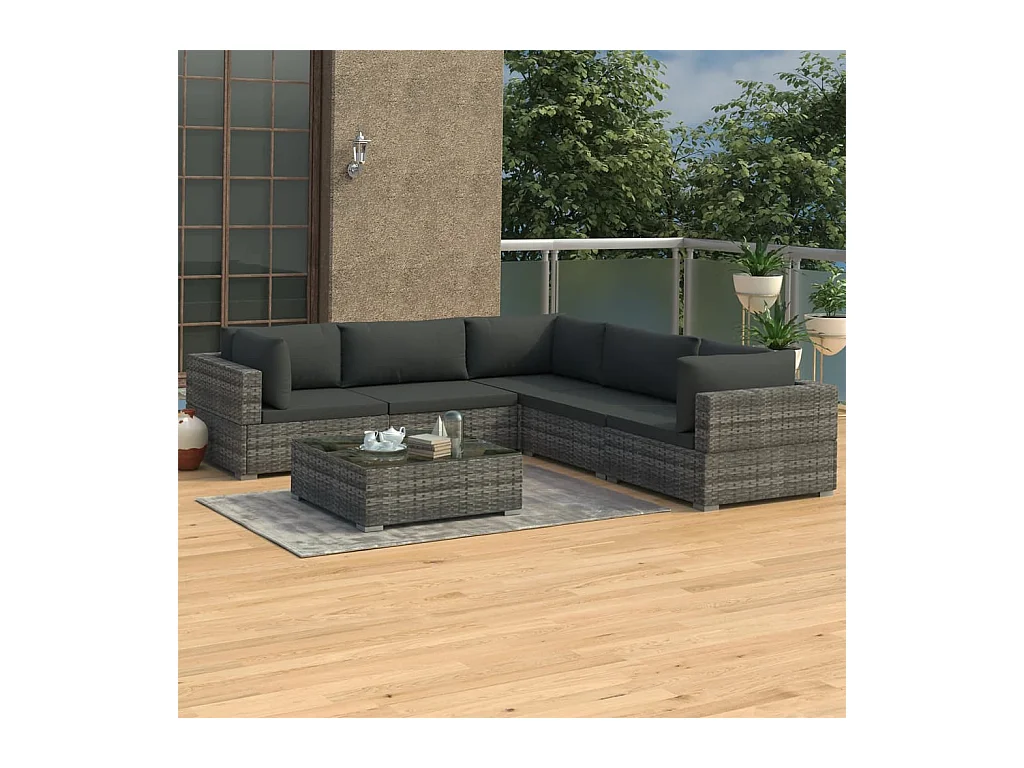 Set de muebles de jardín 6 pzas y cojines ratán sintético gris