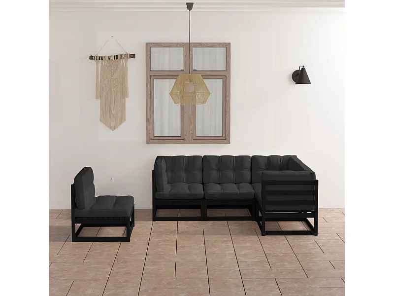 5 pcs conjunto longue de jardim c/ almofadões pinho maciço