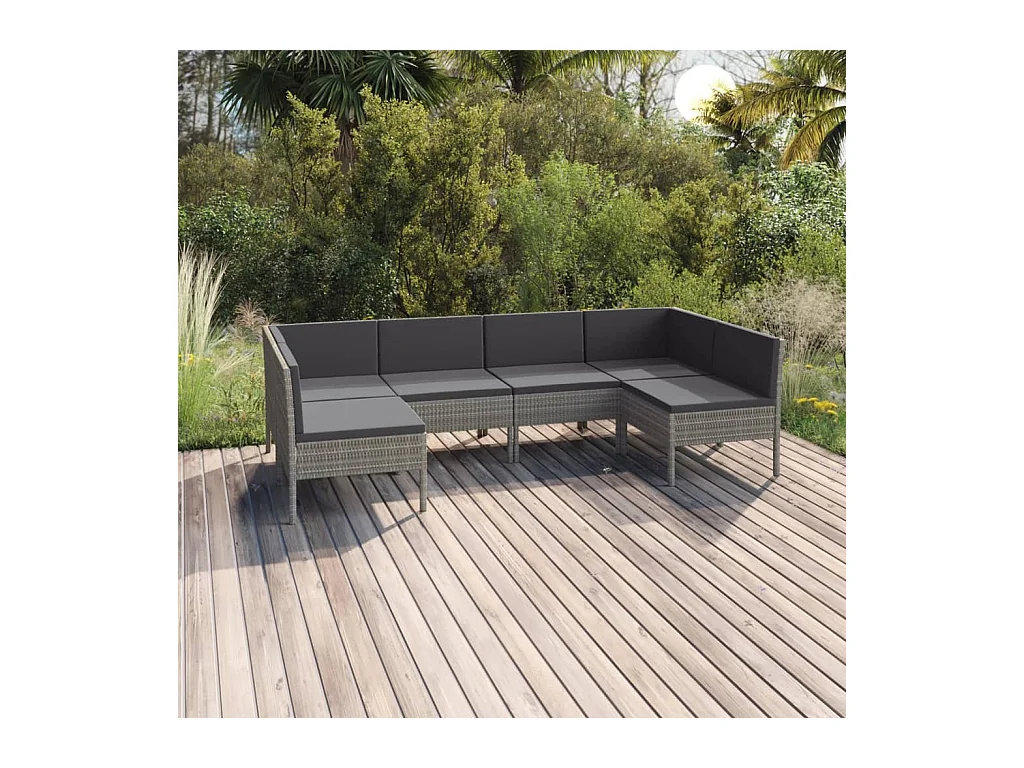6-delige Loungeset met kussens poly rattan grijs