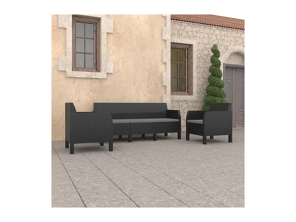 Salon de jardin 3 pcs avec coussins PP Rotin Anthracite