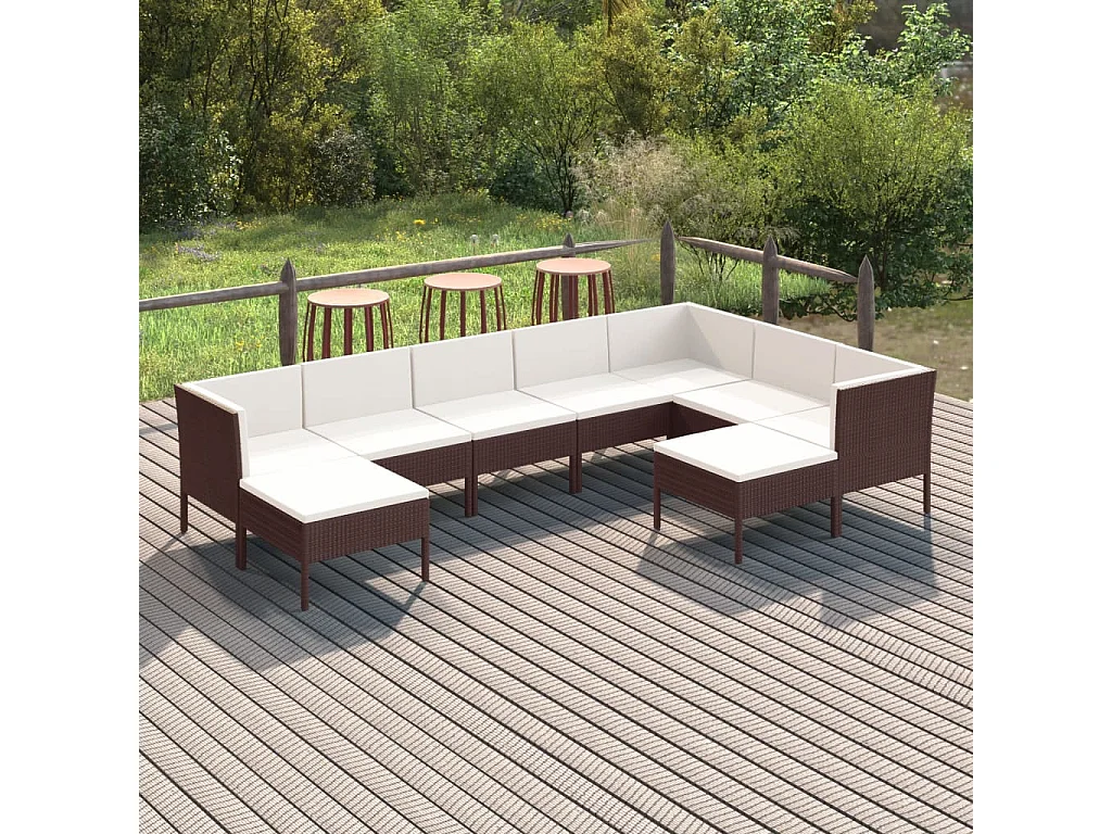 Set Divani da Giardino 9 pz con Cuscini in Polyrattan Marrone