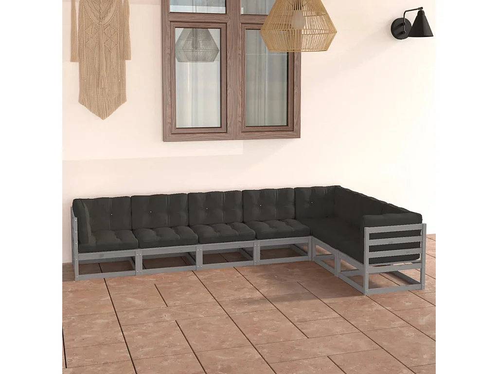 7pcs conjunto lounge de jardim c/ almofadões pinho maciço cinza