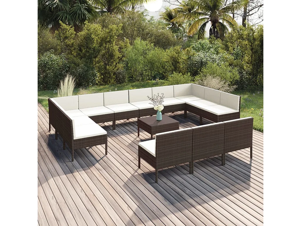 14-tlg. Garten-Lounge-Set mit Auflagen Poly Rattan Braun