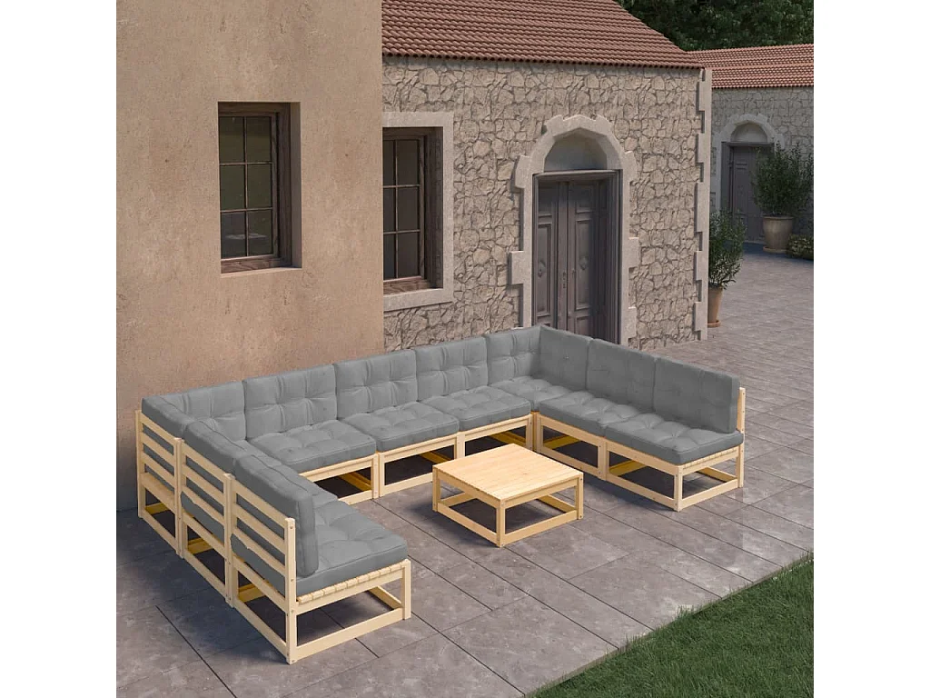 10-tlg. Garten-Lounge-Set mit Kissen Massivholz Kiefer