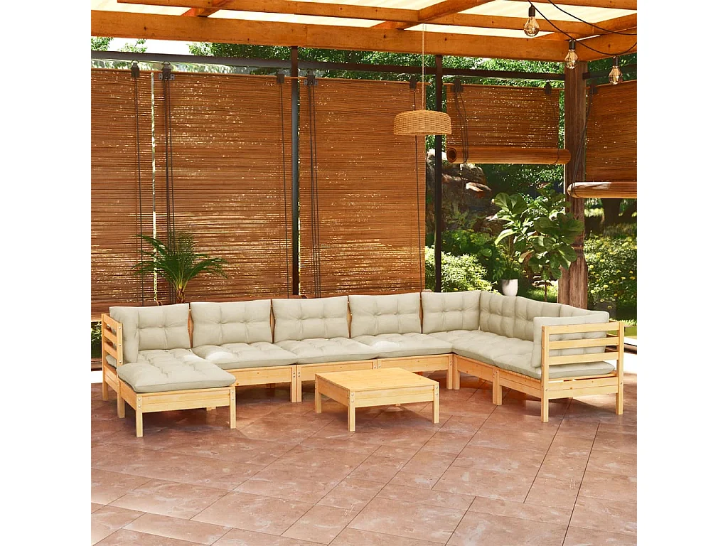Set Divani da Giardino 9 pz con Cuscini Crema in Massello di Pino