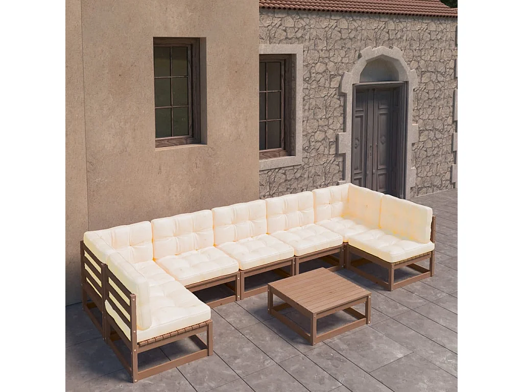 Salon de jardin 8 pcs avec coussins Marron miel Bois de pin