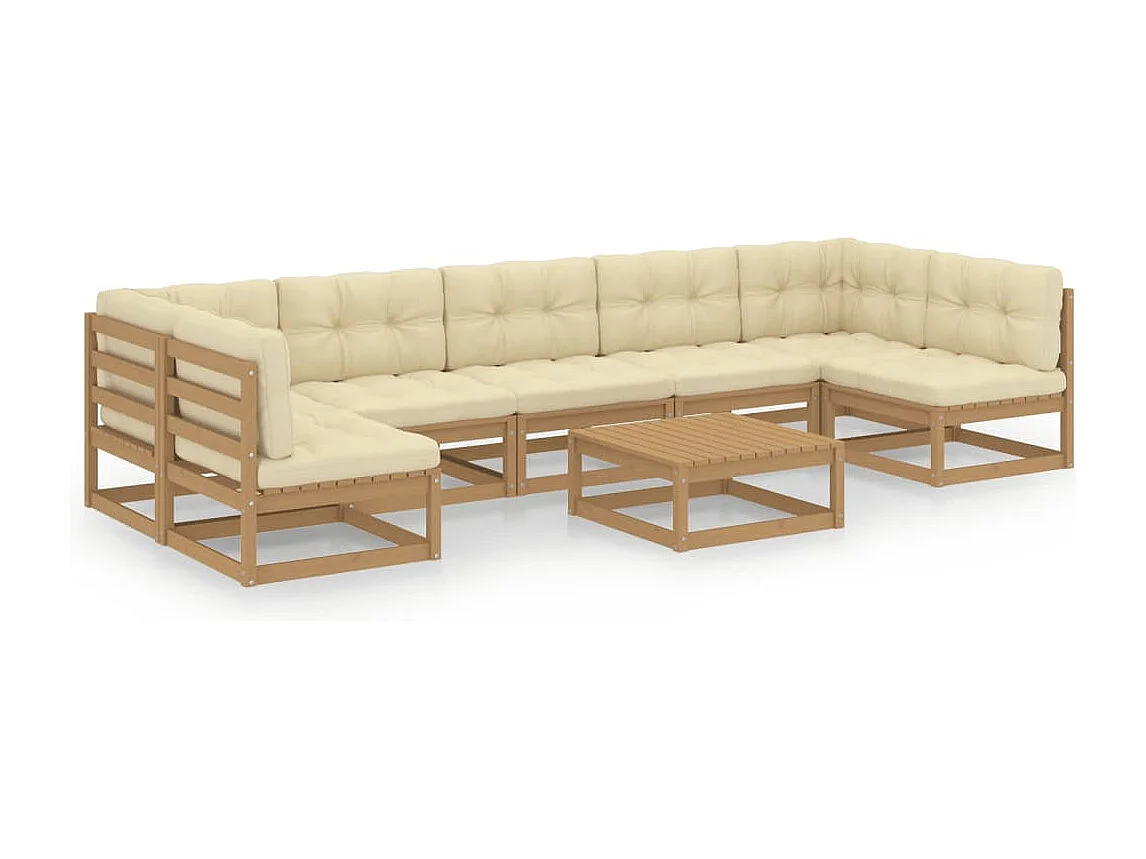 Salon de jardin 8 pcs avec coussins Marron miel Bois de pin