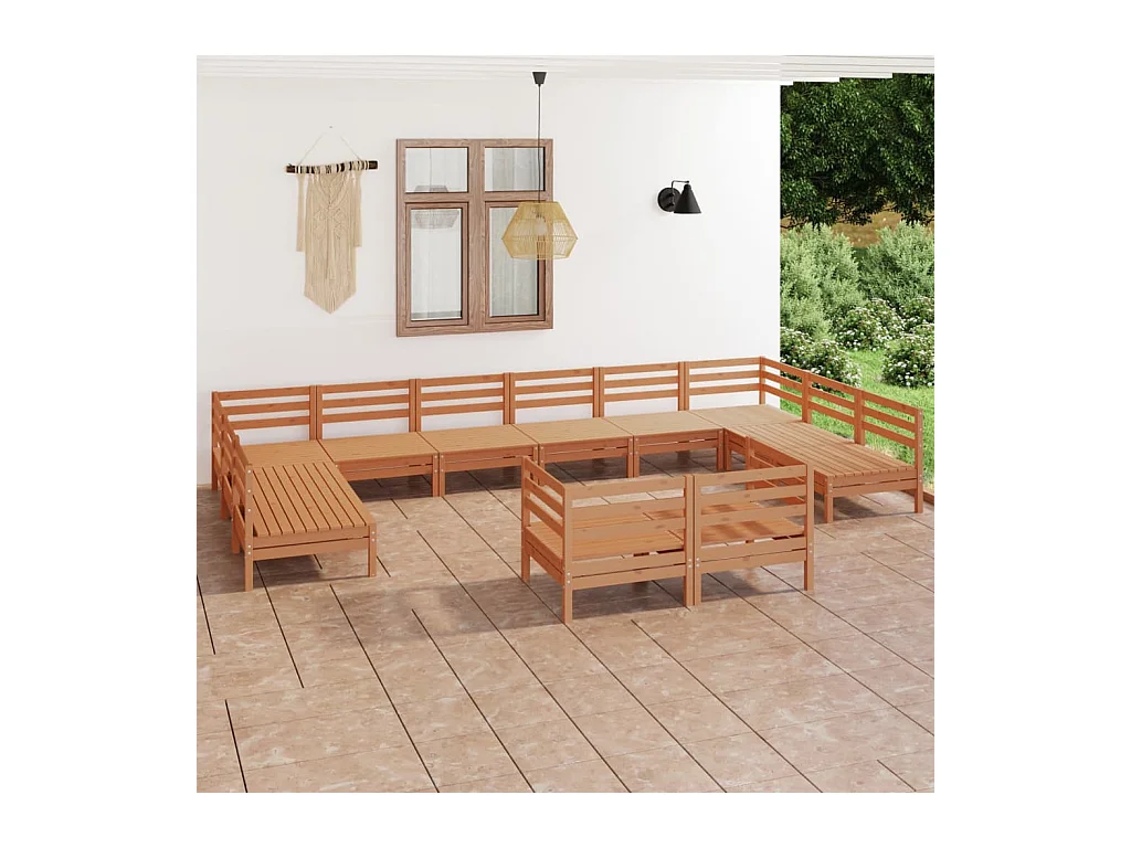 Salon de jardin 12 pcs Marron miel Bois de pin massif