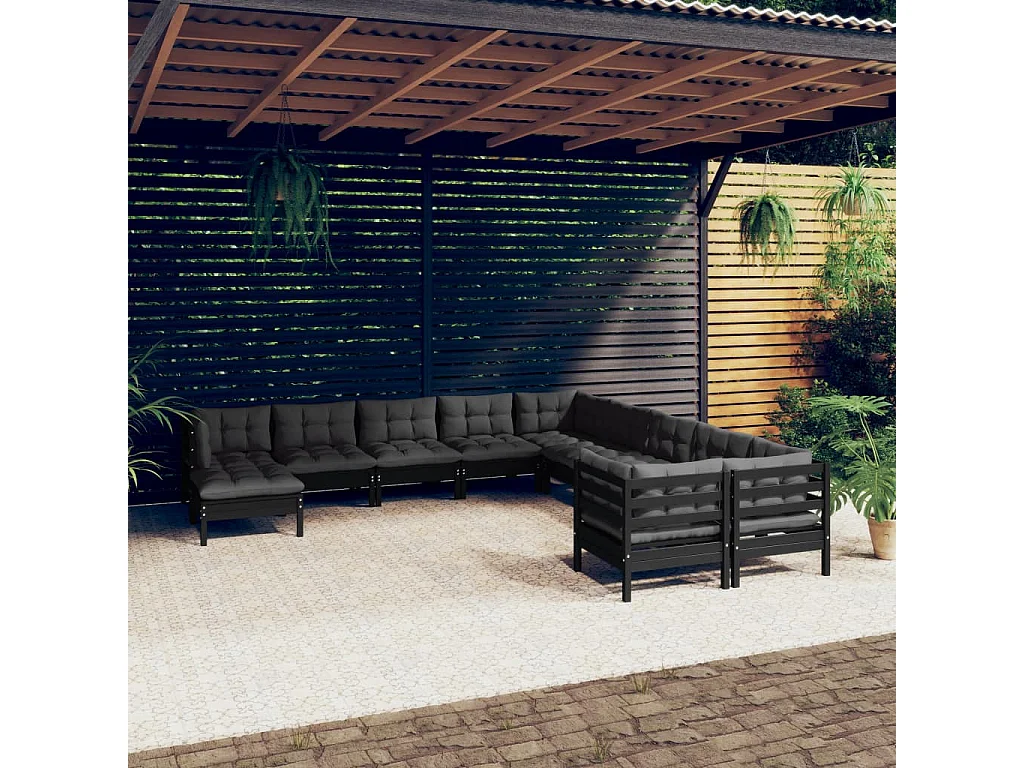 Set Divani da Giardino 11 pz con Cuscini Massello di Pino Nero