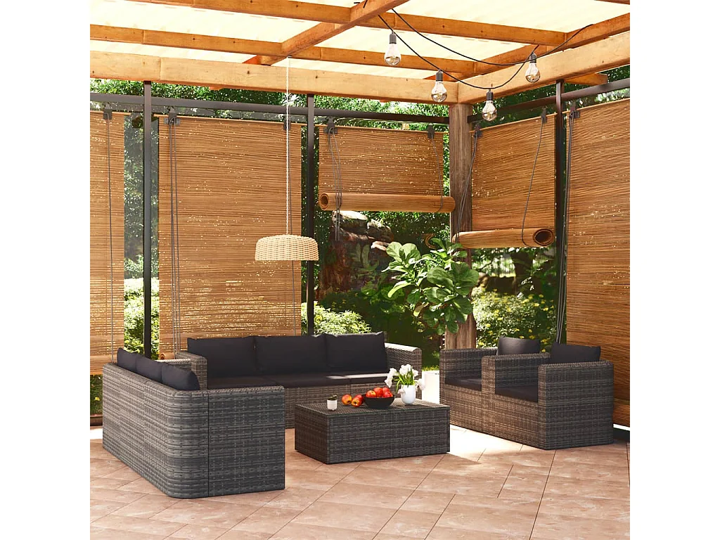 9-tlg. Garten-Lounge-Set mit Kissen Poly Rattan Grau