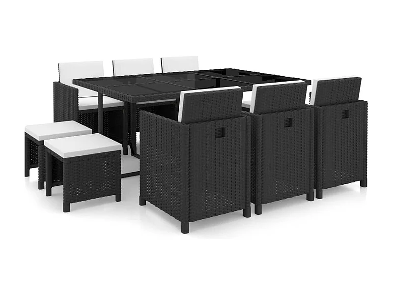 Set comedor de jardín 11 piezas y cojines ratán sintético negro