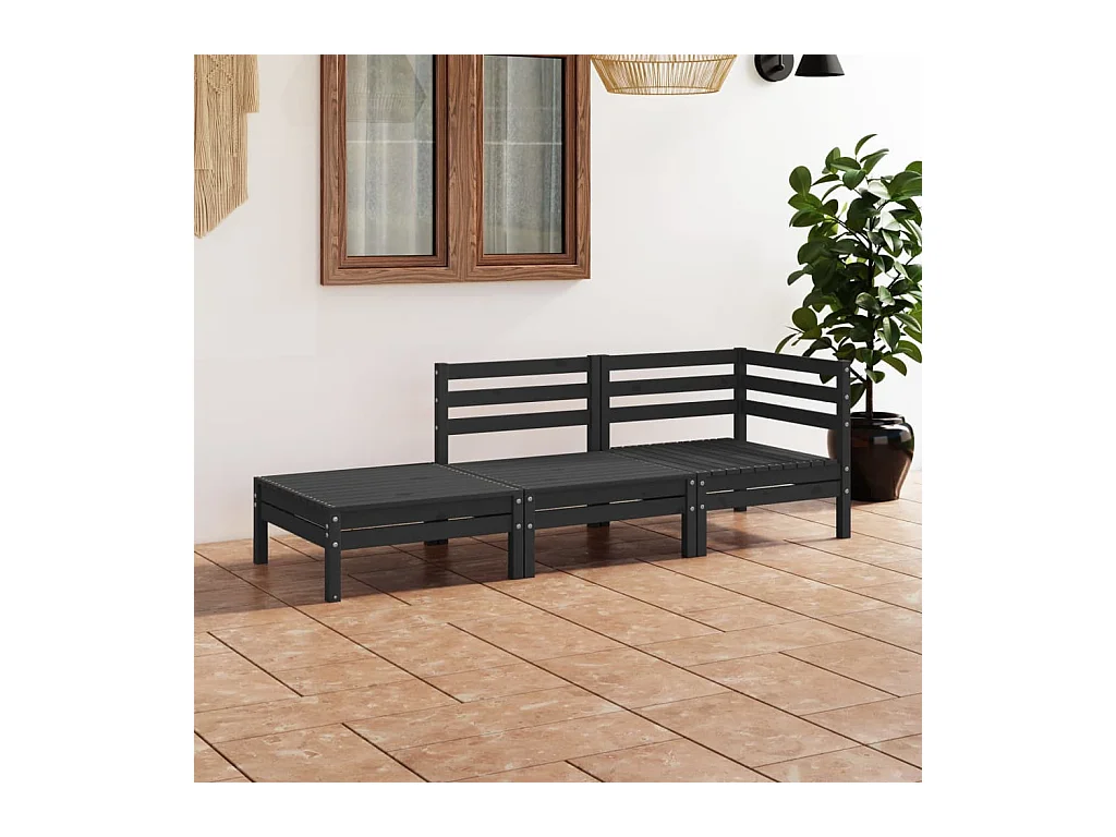 Salon de jardin 3 pcs Noir Bois de pin massif