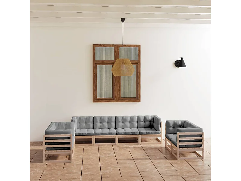 Juego de muebles de jardín 8 pzas y cojines madera pino maciza