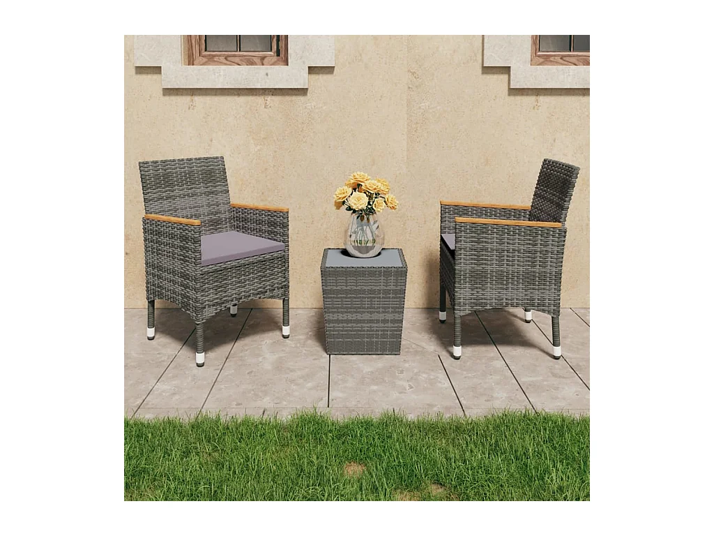 Ensemble de bistro 3 pcs Résine tressée et verre trempé Gris