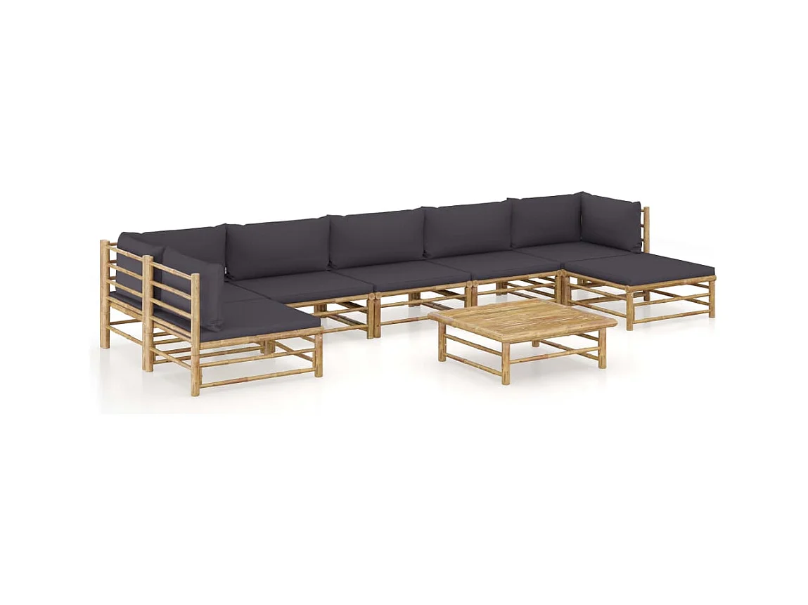 Salon de jardin 8 pcs avec coussins gris foncé bambou