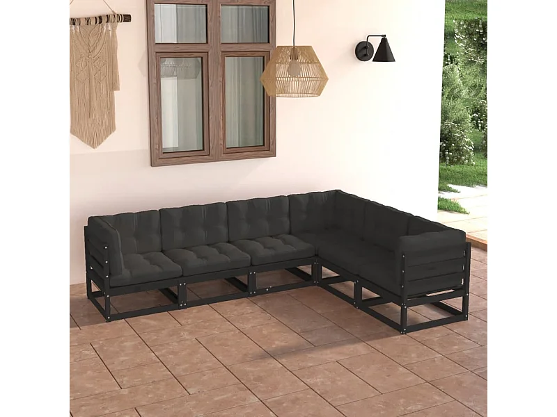6 pcs conjunto lounge de jardim c/ almofadões pinho maciço
