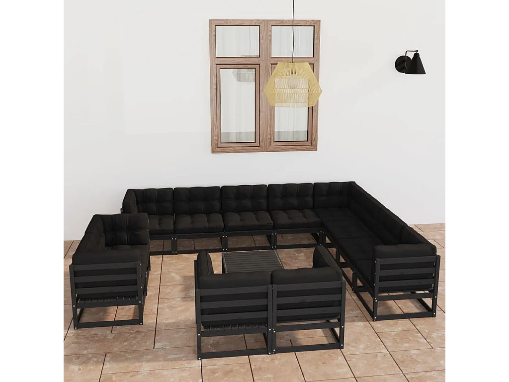 Salon de jardin 13 pcs avec coussins noir bois de pin massif