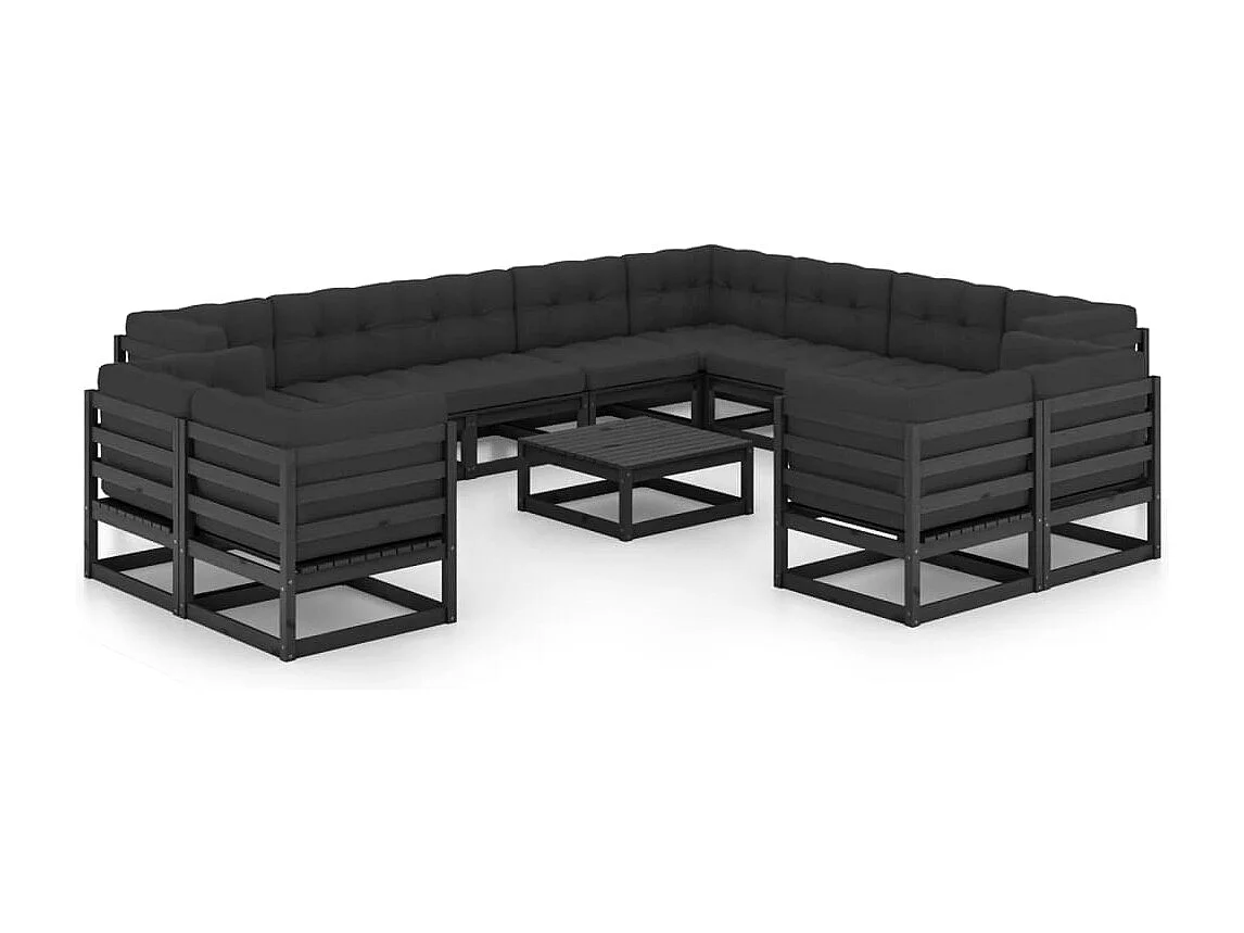 Salon de jardin 13 pcs avec coussins noir bois de pin massif