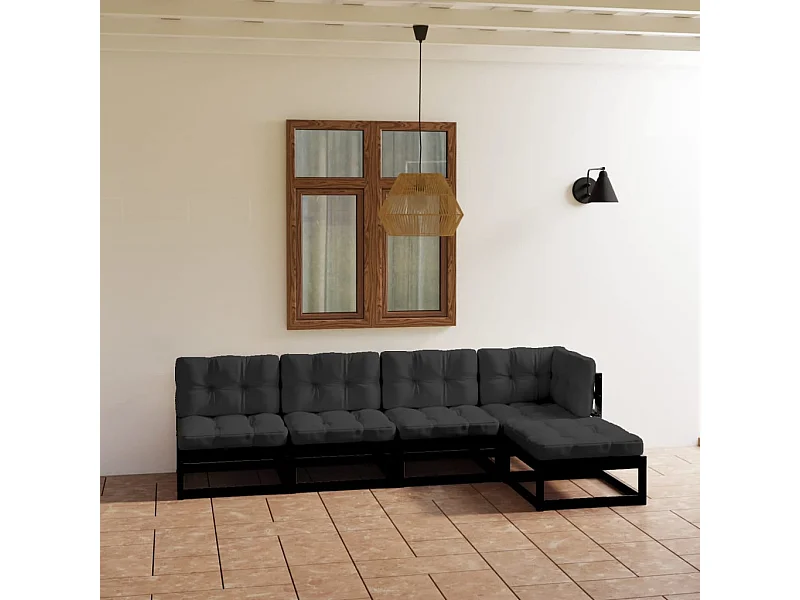 5 pcs conjunto longue de jardim c/ almofadões pinho maciço