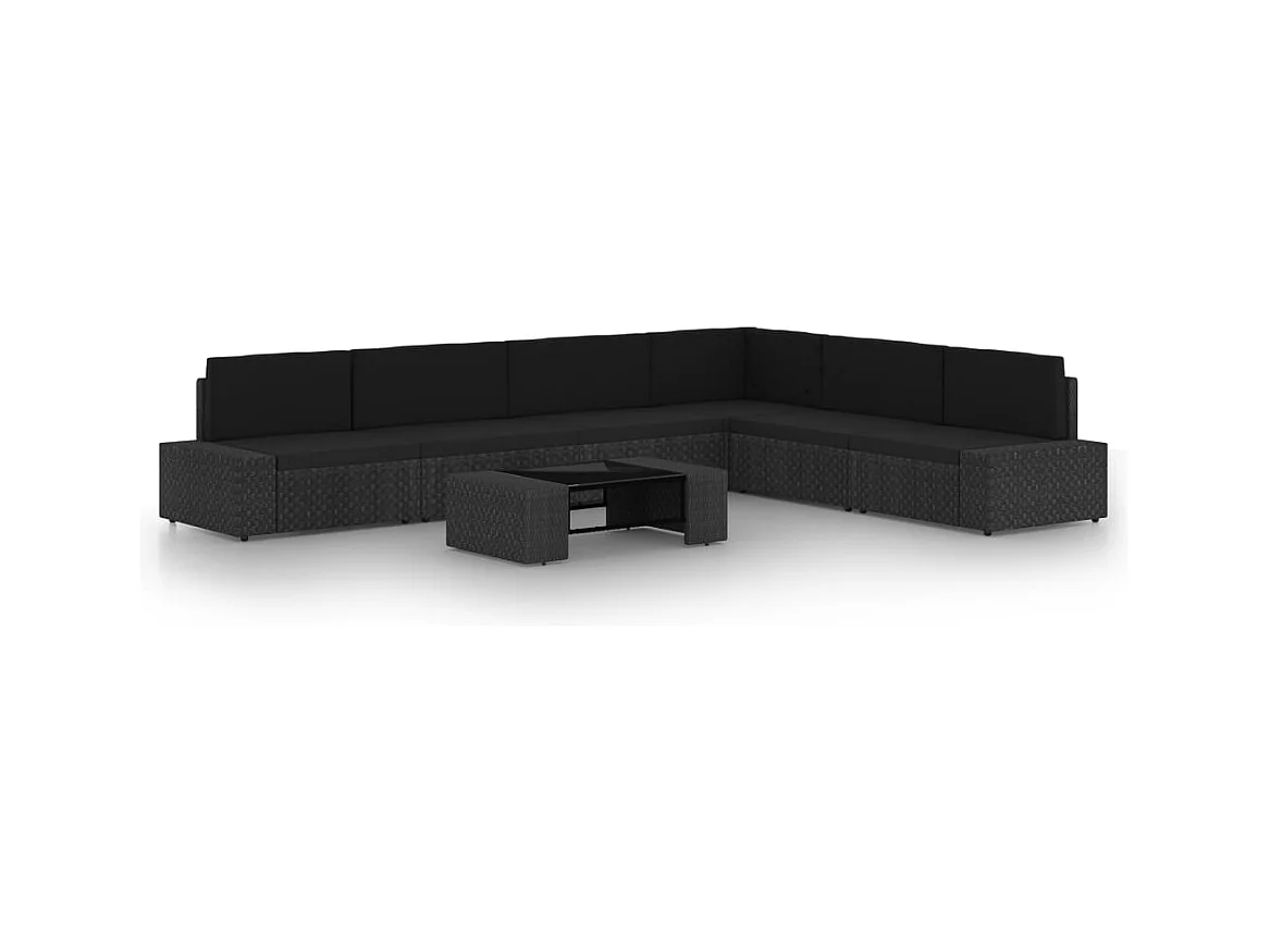 7-delige Loungeset met kussens poly rattan zwart
