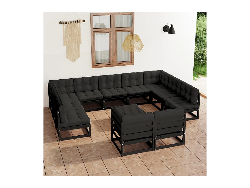 12-delige Loungeset met kussens massief grenenhout zwart