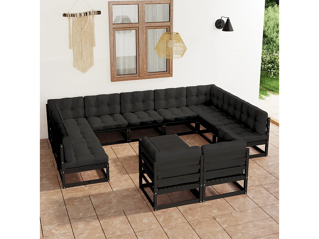Salon de jardin 12 pcs avec coussins Noir Bois de pin massif