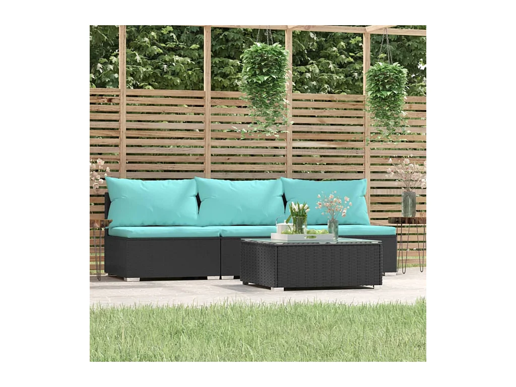 Salon de jardin 4 pcs avec coussins Noir Résine tressée
