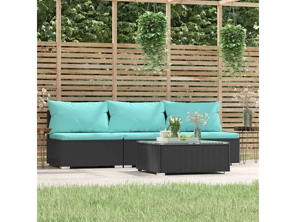 Salon de jardin 4 pcs avec coussins Noir Résine tressée