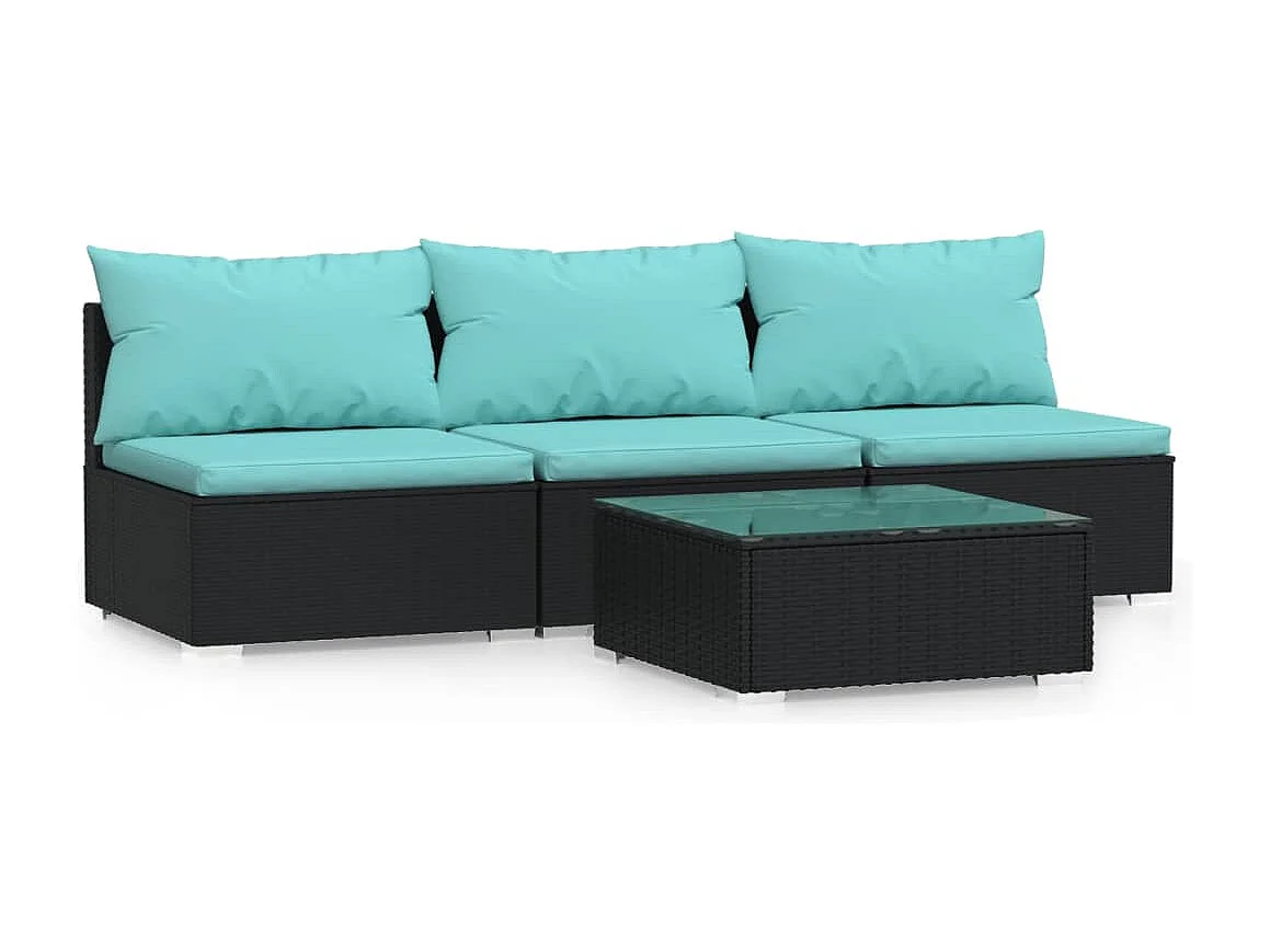 Salon de jardin 4 pcs avec coussins Noir Résine tressée