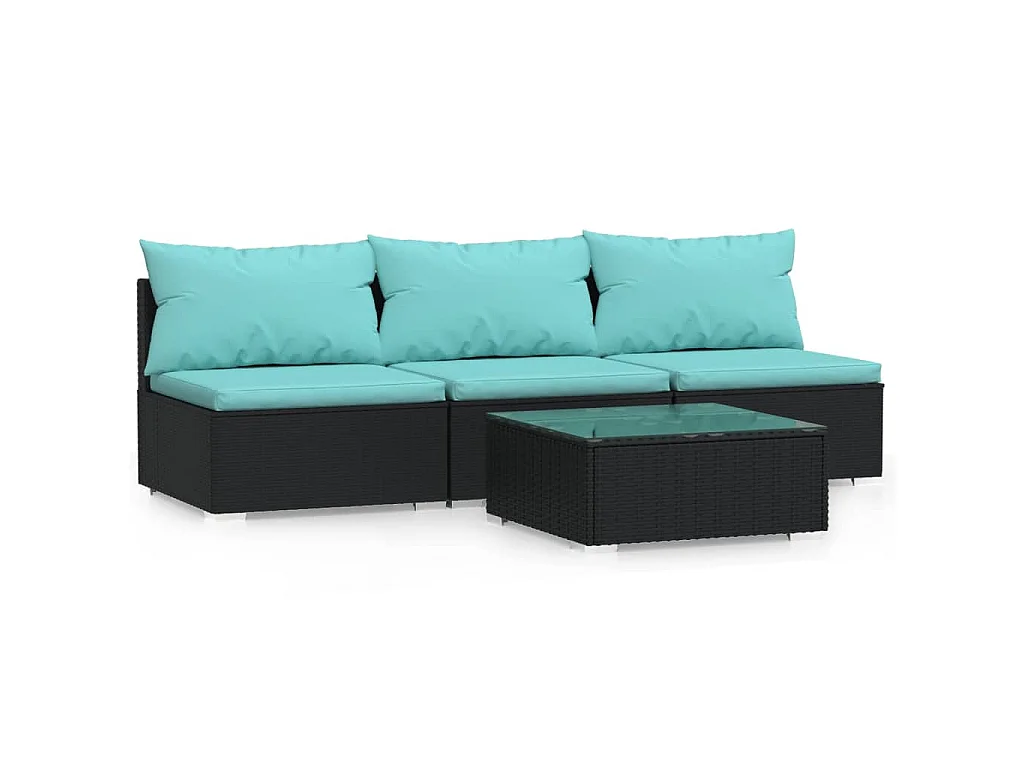4-tlg. Garten-Lounge-Set mit Kissen Schwarz Poly Rattan