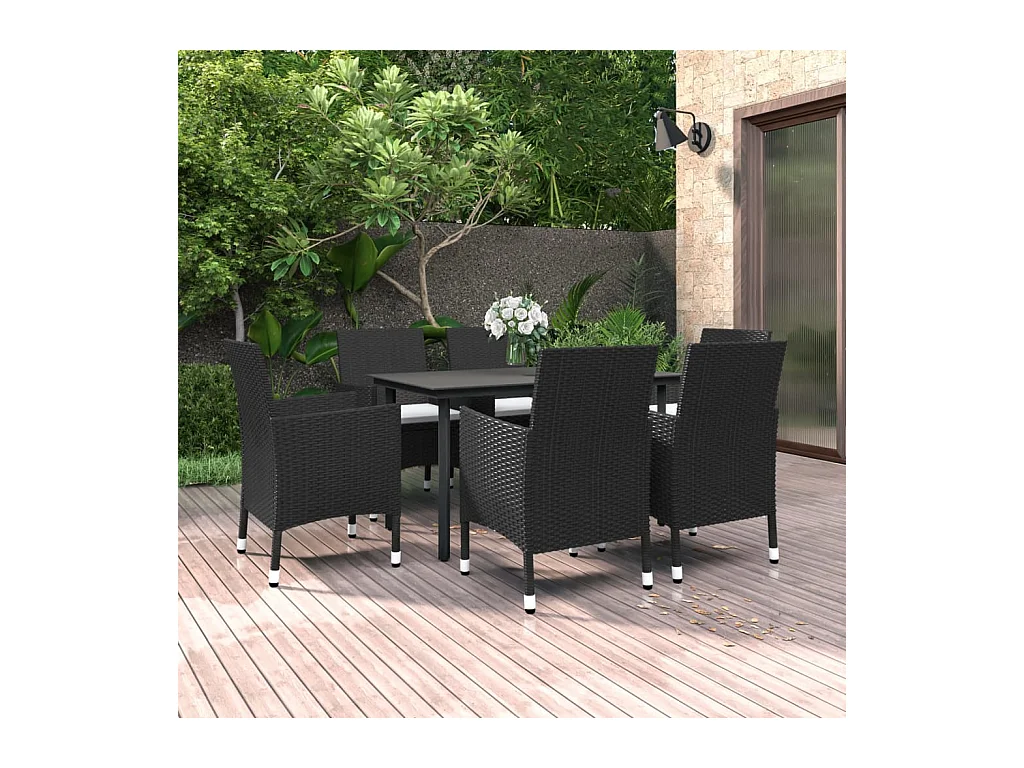 Ensemble à manger de jardin coussins 7 pcs Résine tressée Verre