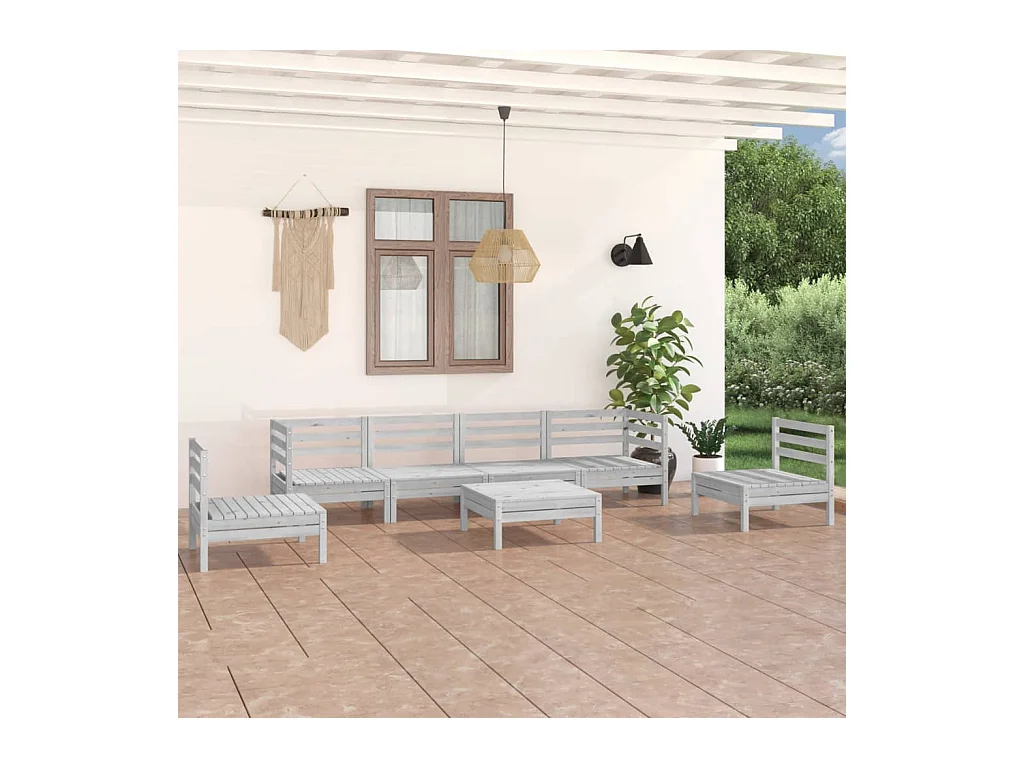 Salon de jardin 7 pcs Blanc Bois de pin massif