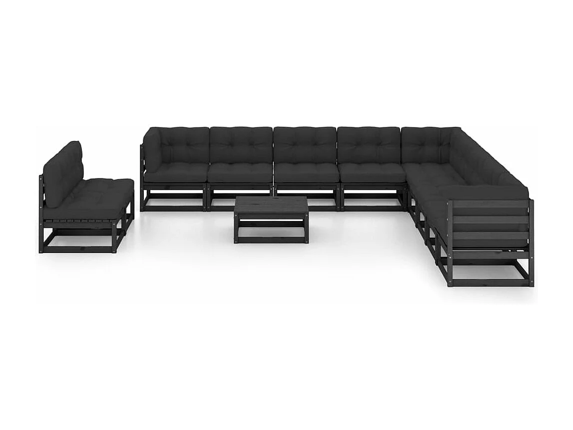Salon de jardin 12 pcs avec coussins Noir Bois de pin massif