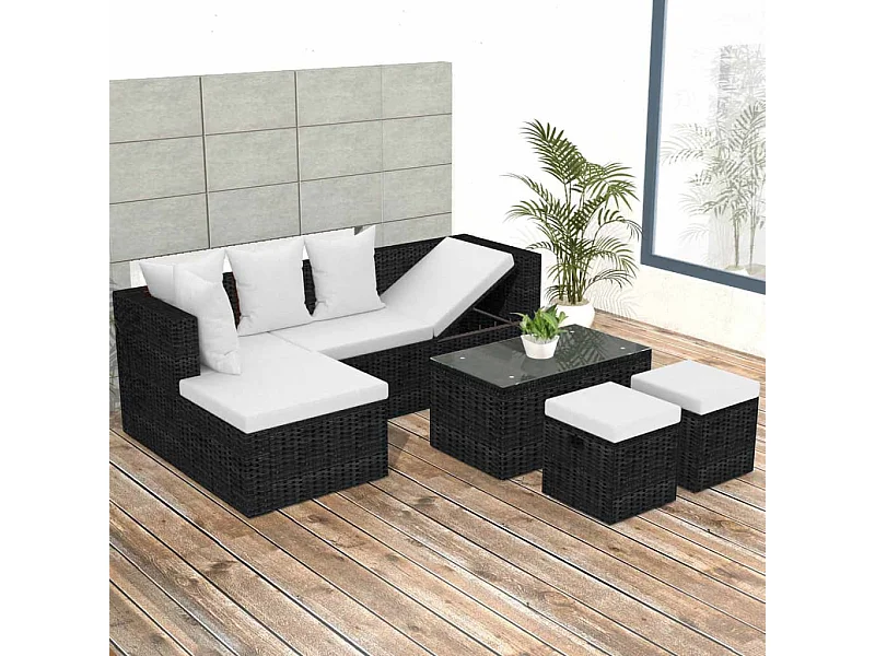 Set muebles de jardín 4 piezas y cojines ratán sintético negro