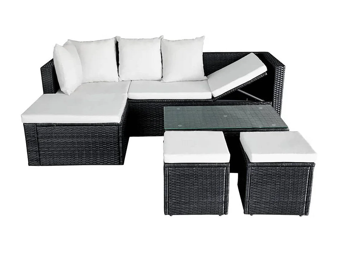 Set muebles de jardín 4 piezas y cojines ratán sintético negro