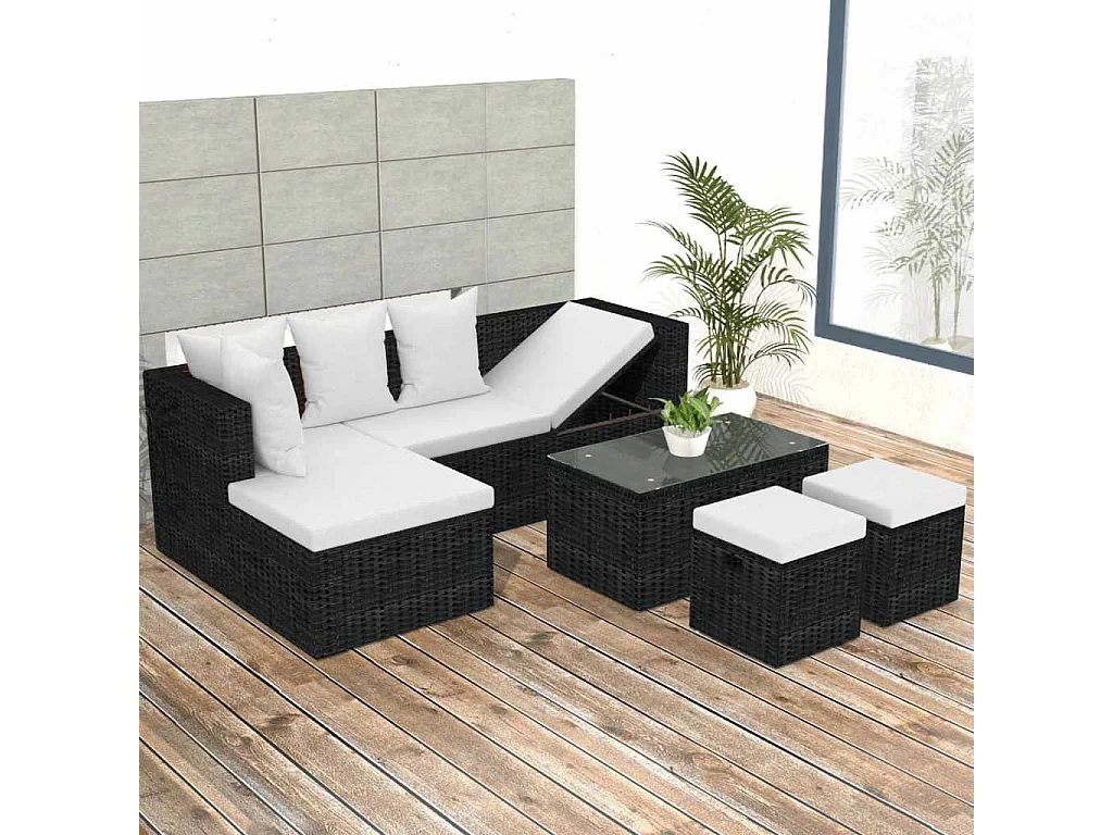 4-tlg. Garten-Lounge-Set mit Auflagen Poly Rattan Schwarz