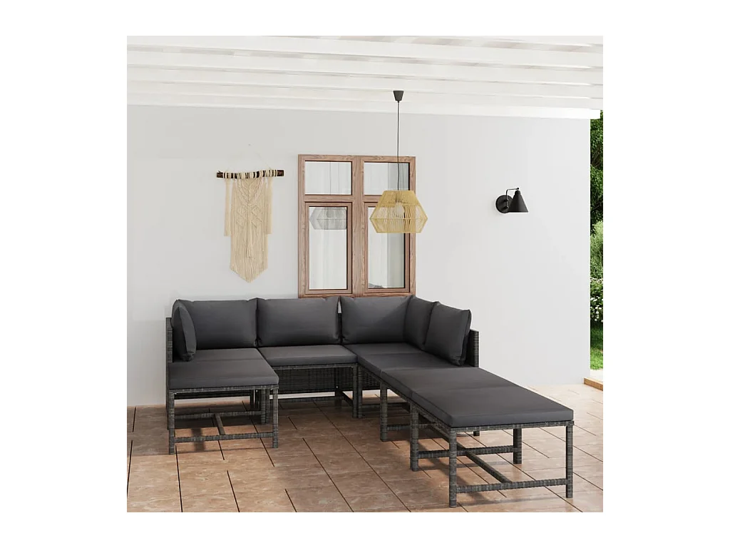 7-tlg. Garten-Lounge-Set mit Kissen Poly Rattan Grau
