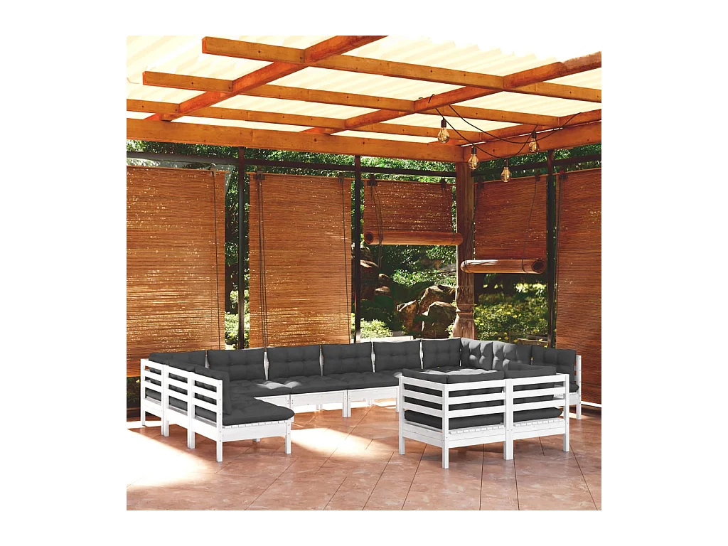 Set Divani da Giardino 12 pz con Cuscini Bianchi Legno di Pino