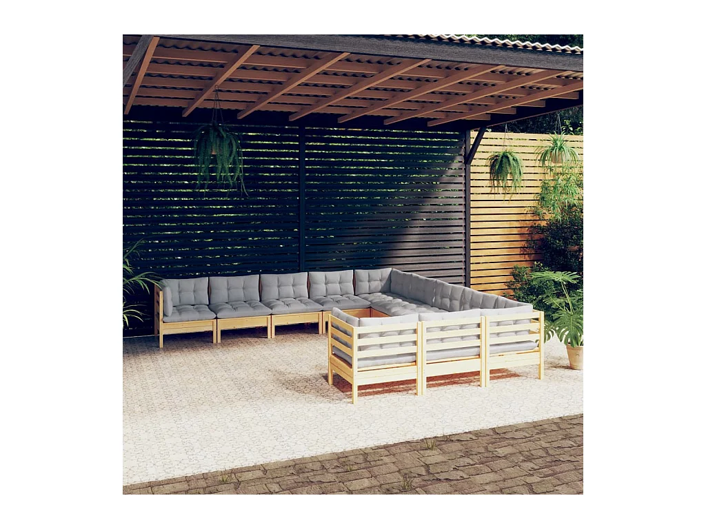 Salon de jardin 11 pcs avec coussins gris bois de pin