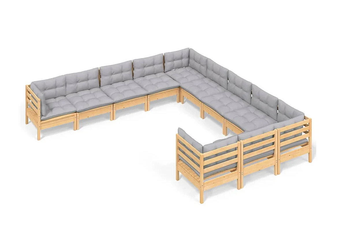 11-tlg. Garten-Lounge-Set mit Grauen Kissen Kiefernholz