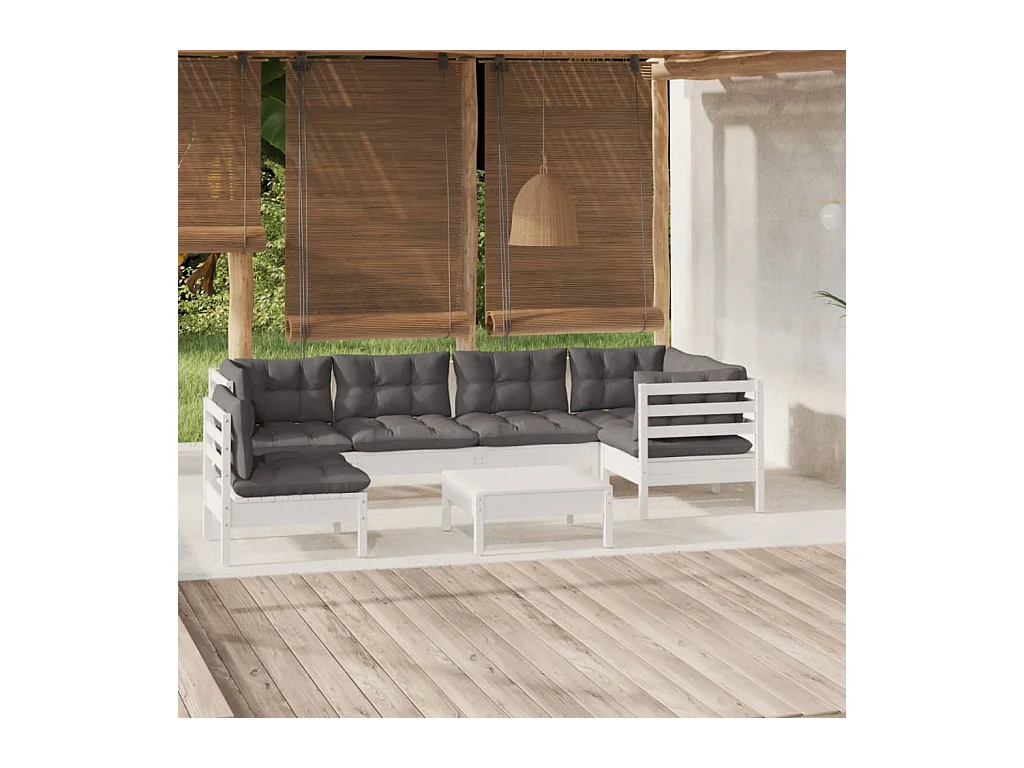 Set Divani da Giardino 7 pz con Cuscini Bianchi Legno di Pino