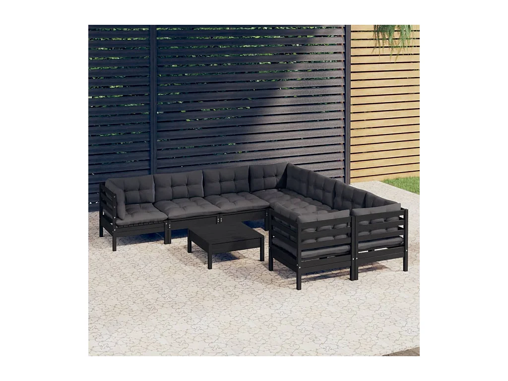 9-delige Loungeset met kussens grenenhout zwart