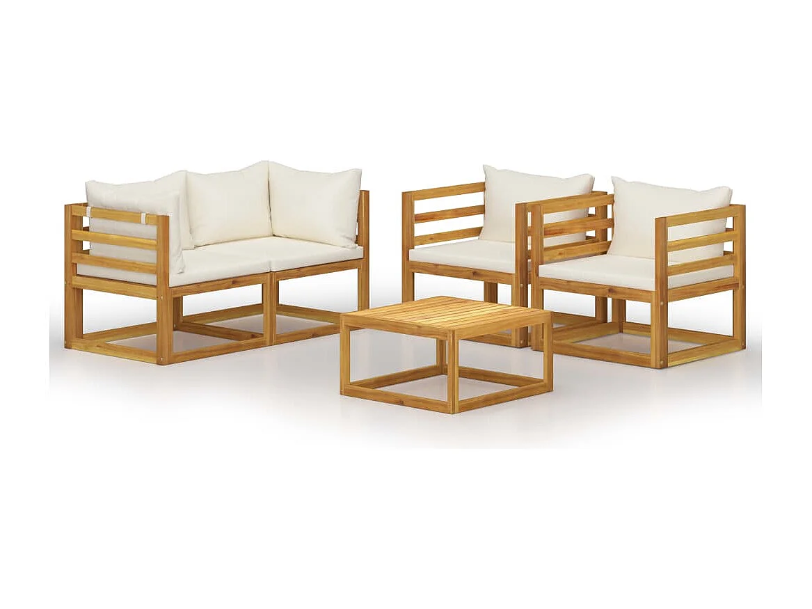 Salon de jardin 5 pcs avec coussin Crème Bois d'acacia solide