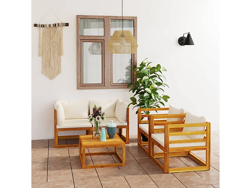 Salon de jardin 5 pcs avec coussin Crème Bois d'acacia solide