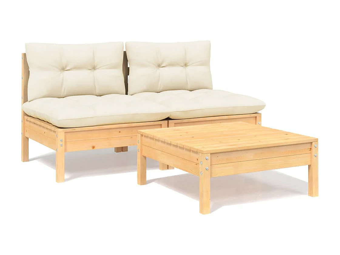 Salon de jardin 3 pcs avec coussins crème bois de pin